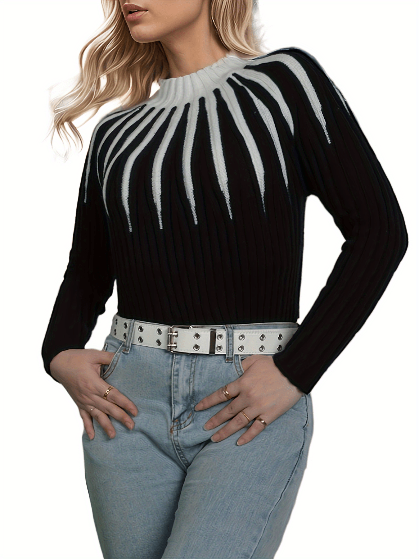 Block Knit Sweater High Neck Ribbed Sweater Women's Clothing
