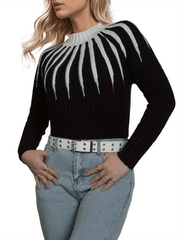 Block Knit Sweater High Neck Ribbed Sweater Women's Clothing