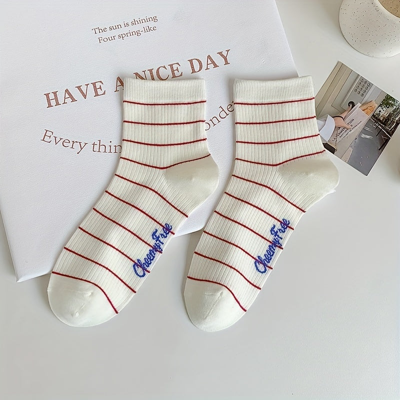 5 Pairs Letter & Striped Print Socks Women's Mid Tube Stockings
