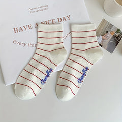 5 Pairs Letter & Striped Print Socks Women's Mid Tube Stockings