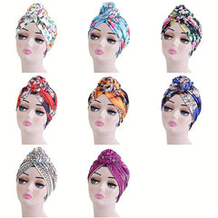 Boho Print Pleated Turban Cap Braided Twist Bonnet Head Wrap Head Scarf Beanie