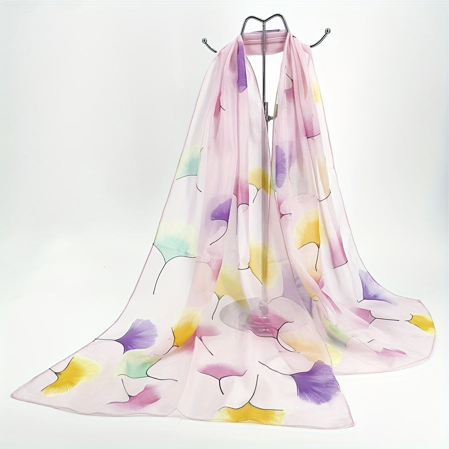 Ginkgo Leaf Print Chiffon Scarf Silk Shawl Windproof Head Wrap