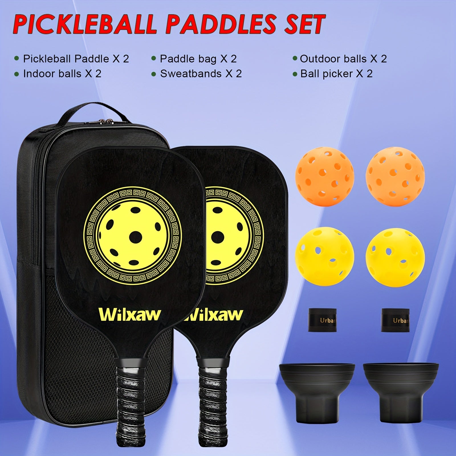 Pickleball Racket Set with Paddles, Balls, Sweatbands, Ball Pickers