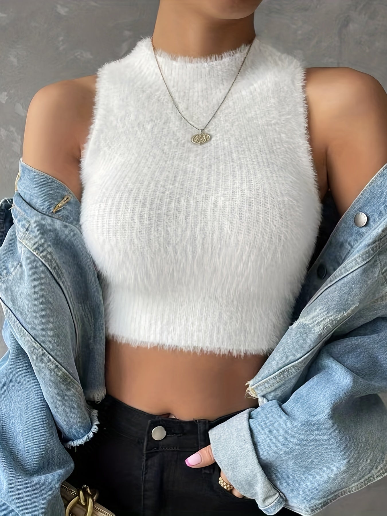 Mock Neck Crop Fleece Top Sleeveless Tank Top
