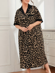 Leopard Print Lounge Dress Short Sleeve Button Up Sleep Dress