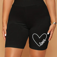 Heart Print Biker Shorts High Waist Sporty Casual Short Leggings