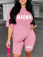 Mama Letter Print Short Sleeve T Shirt & Biker Shorts Set