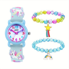 Cartoon Unicorn Quartz Watch Beaded Bracelets Set for Girls