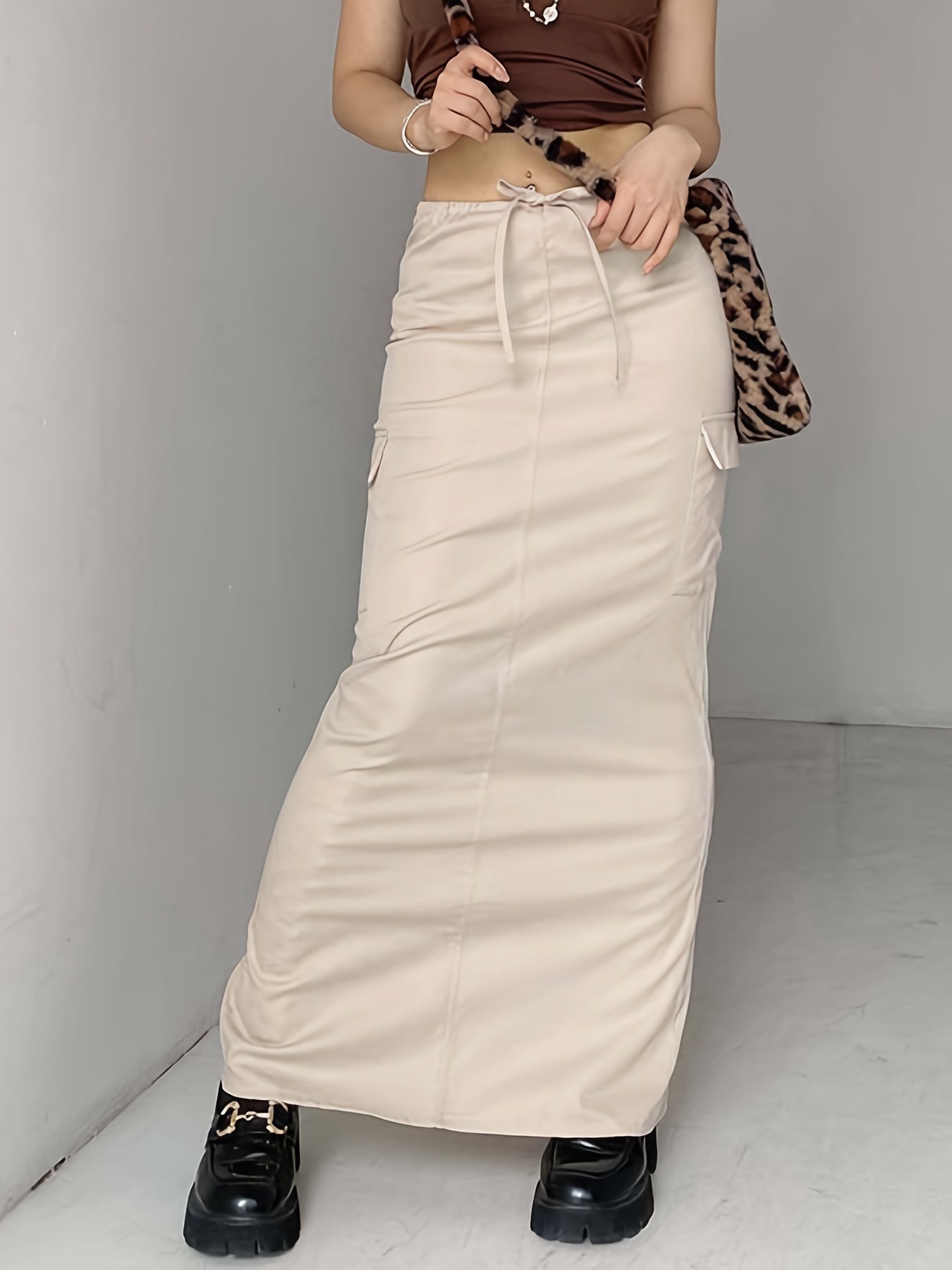 Y2K Maxi Cargo Skirts Drawstring Waist Casual Stylish Pleated Skirts