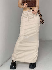 Y2K Maxi Cargo Skirts Drawstring Waist Casual Stylish Pleated Skirts