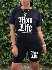 Mom Life Print 2pc Set Gothic Letter Print T Shirt & Shorts Women's Outfits