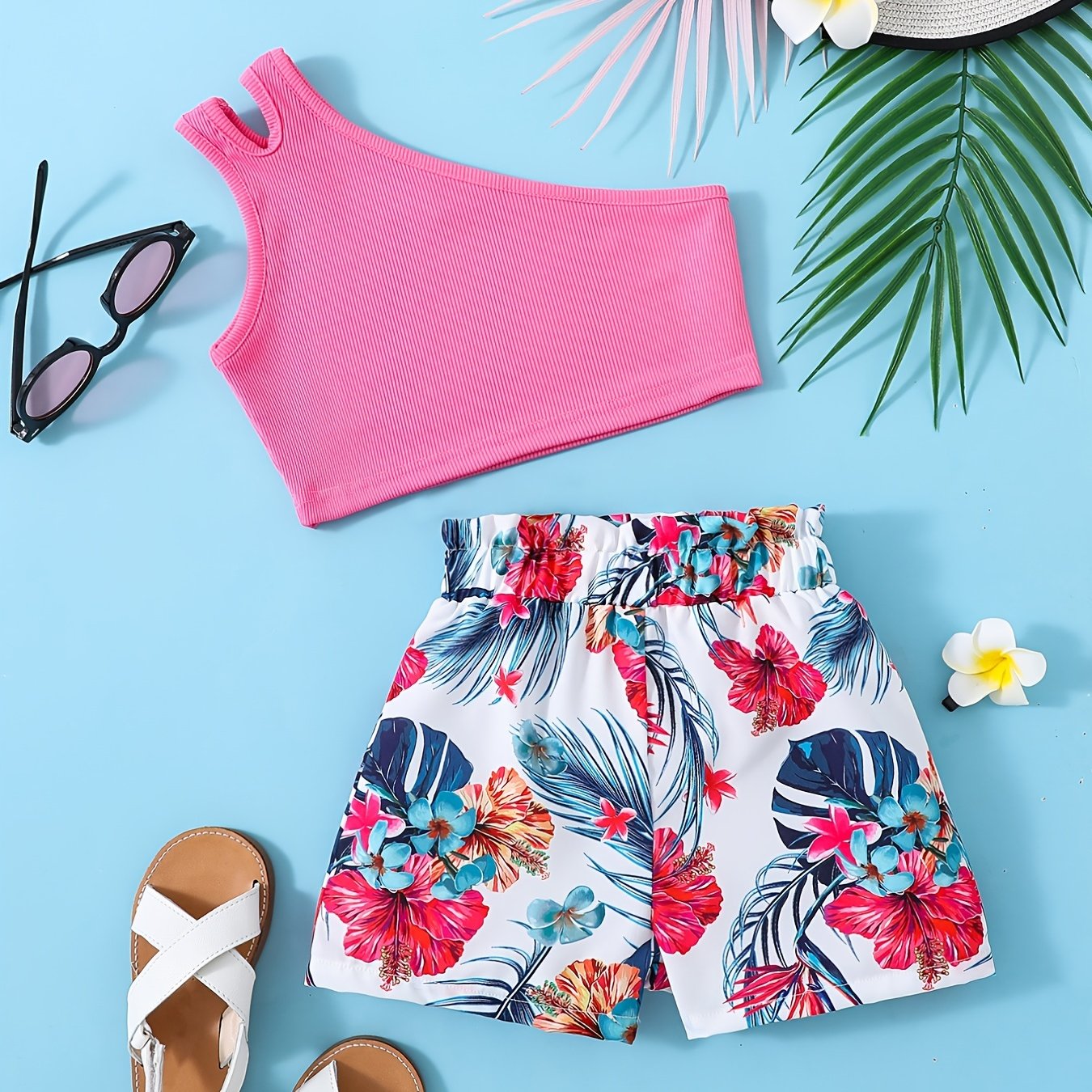 2pcs Girls Cut Out Crop Top & Floral Shorts Set Summer Clothes