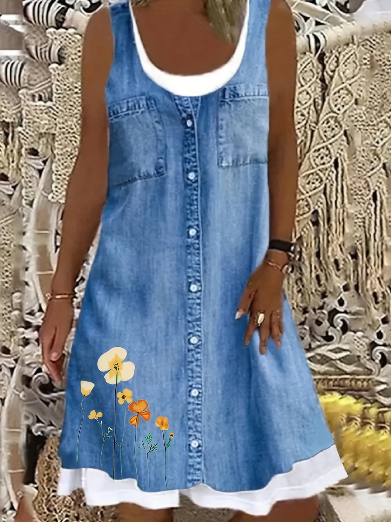 Women's Plus Floral & Denim Print Loose Tank Dress