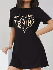 Women's Plus Slogan & Heart Print Short Sleeve Tee Dress