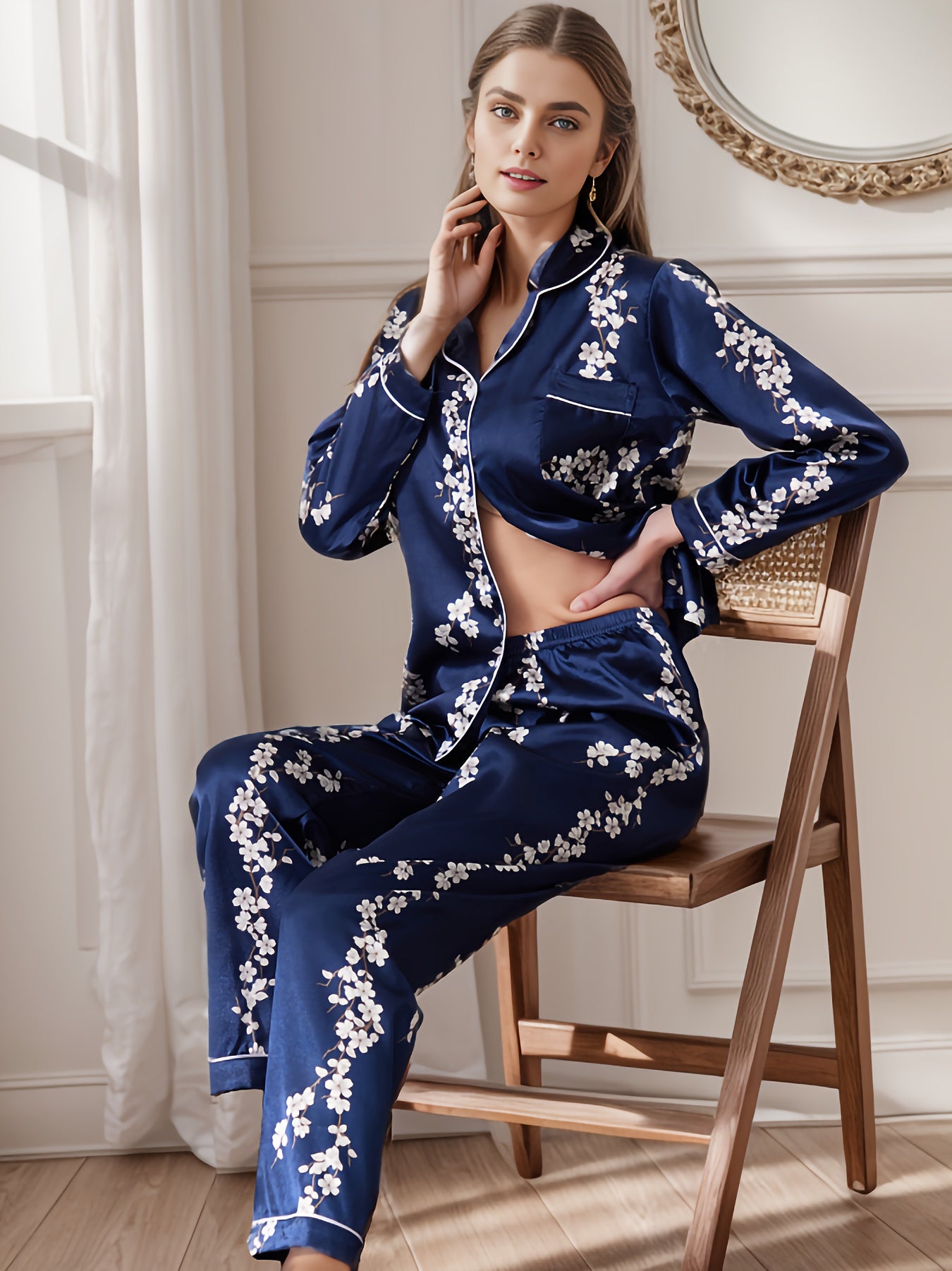 Floral Print Satin Pajama Set Contrast Trim Long Sleeve Button Up Top & Pants