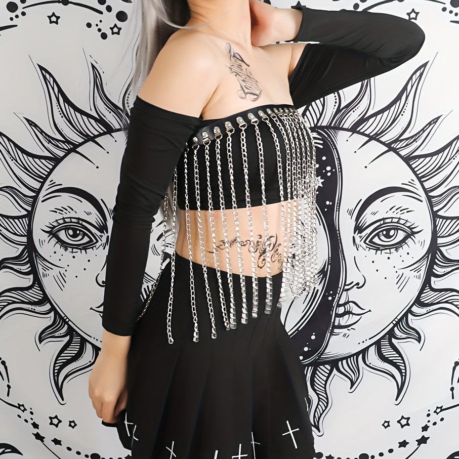 Punk Chain Fringe Skirt Belt Rivet PU Leather Harness Adjustable Gothic Belt