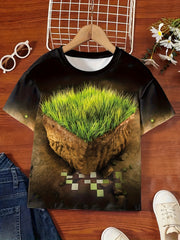 3D Grass Cube Graphic Short Sleeve T shirt For Girls Summer Gift