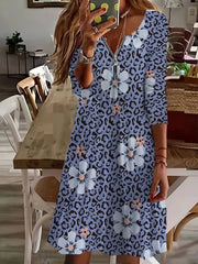 Plus Floral & Leopard Print Zipper Long Sleeve Dress