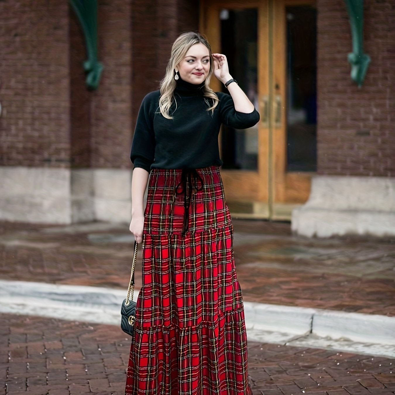 Plaid Print Drawstring Maxi Skirt