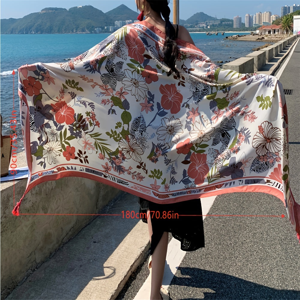 Pink Flower Print Scarf Oversized Windproof Shawl Sunscreen Head Wrap
