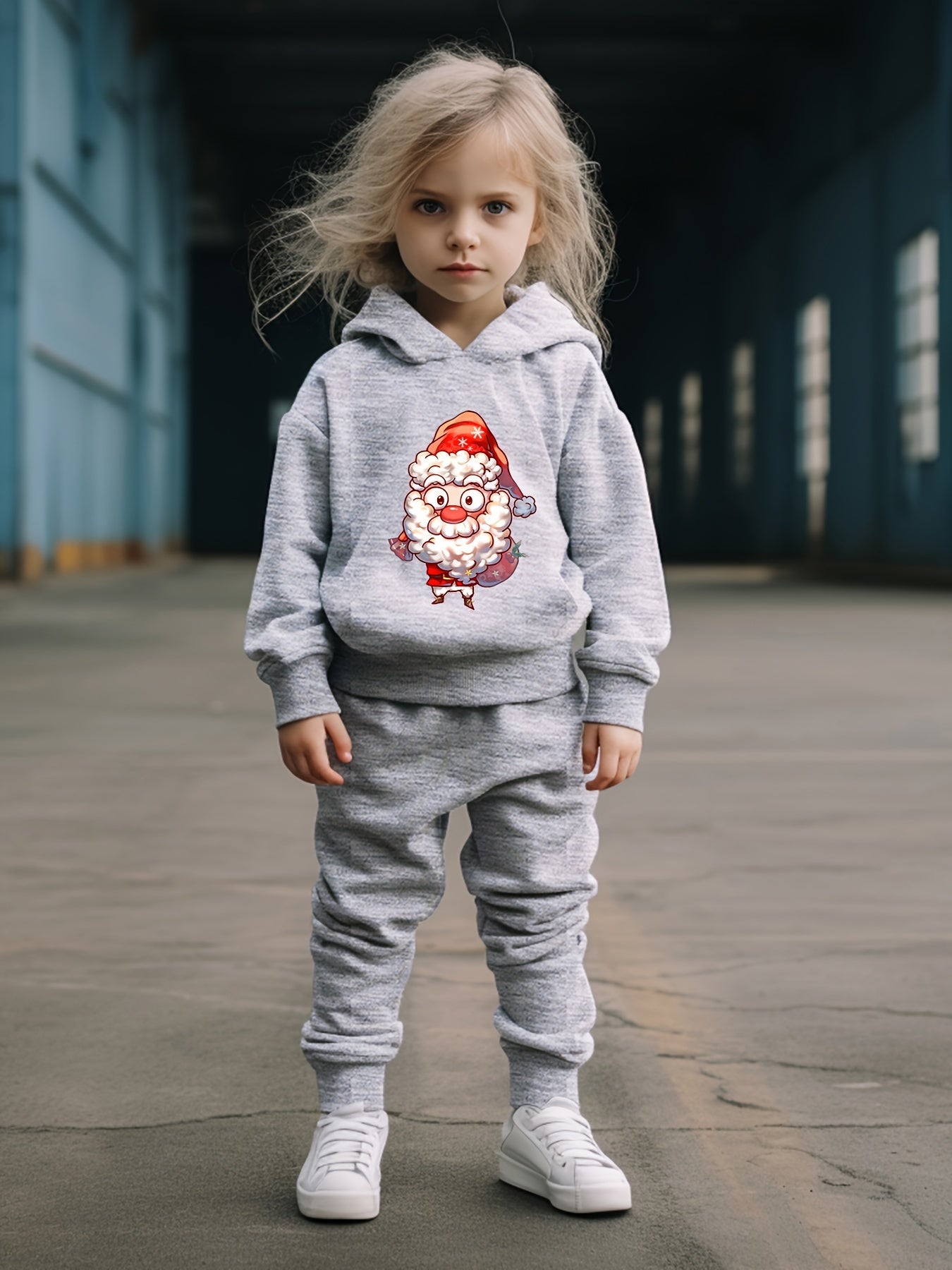 Santa Print Hooded Pullover Pants Set For Sports Spring Fall Gift