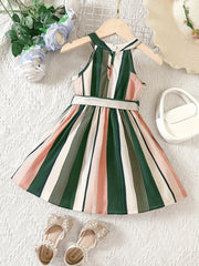 Girls Striped Sleeveless Belted Casual Dress For Kids