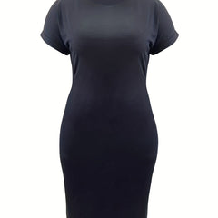 Solid Roll Up Short Sleeve Bodycon Midi Dress