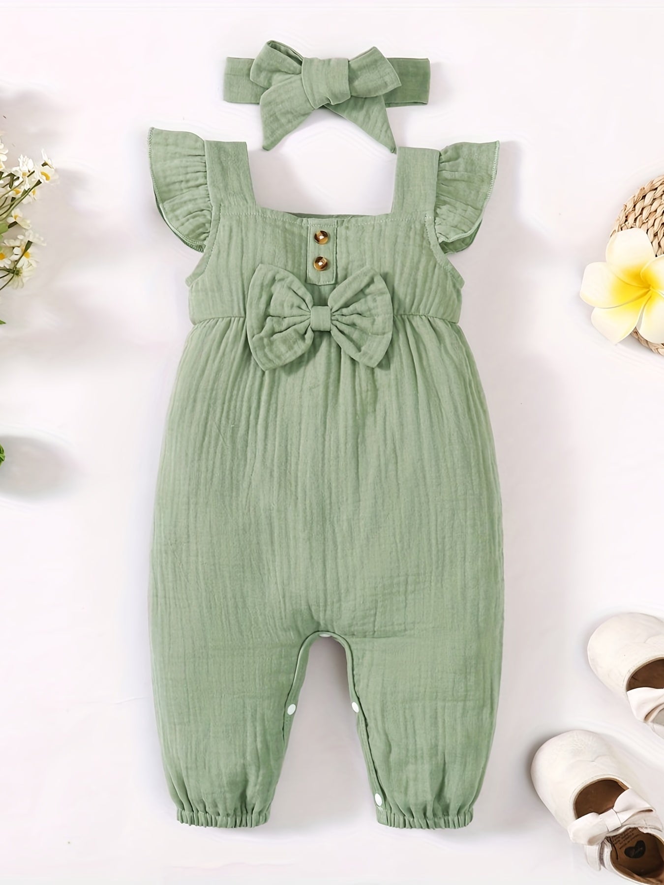 2pcs Baby Girls Ruffle Trim Romper & Headband Set