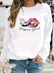 Gorgeous Ghoul Print Sweatshirt Crew Neck Women's Clothing