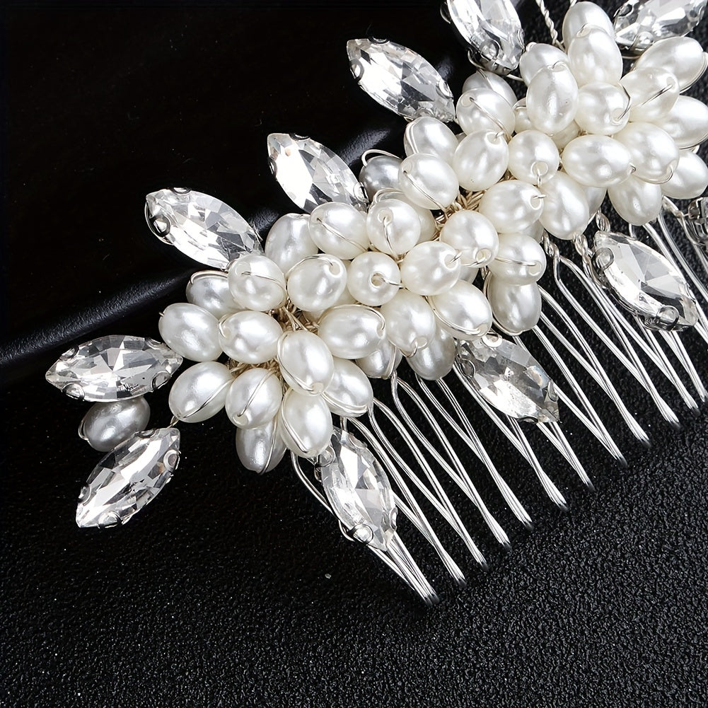 Faux Pearl Hair Comb Floral Rhinestone Alloy Hair Comb Hairpin for Girls Women