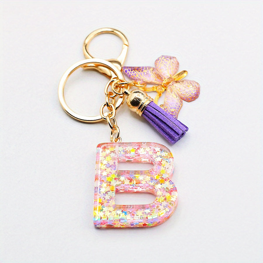 Resin Initial Letter Keychain with Butterfly and Tassel