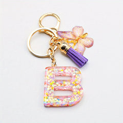 Resin Initial Letter Keychain with Butterfly and Tassel
