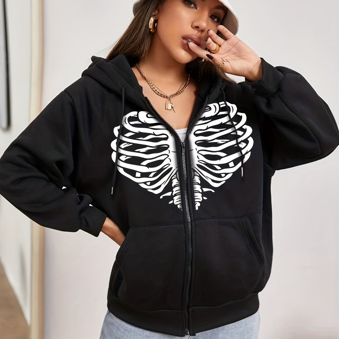 Halloween Goth Sweatshirt Women's Plus Heart Skull Print Long Sleeve
