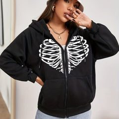 Halloween Goth Sweatshirt Women's Plus Heart Skull Print Long Sleeve