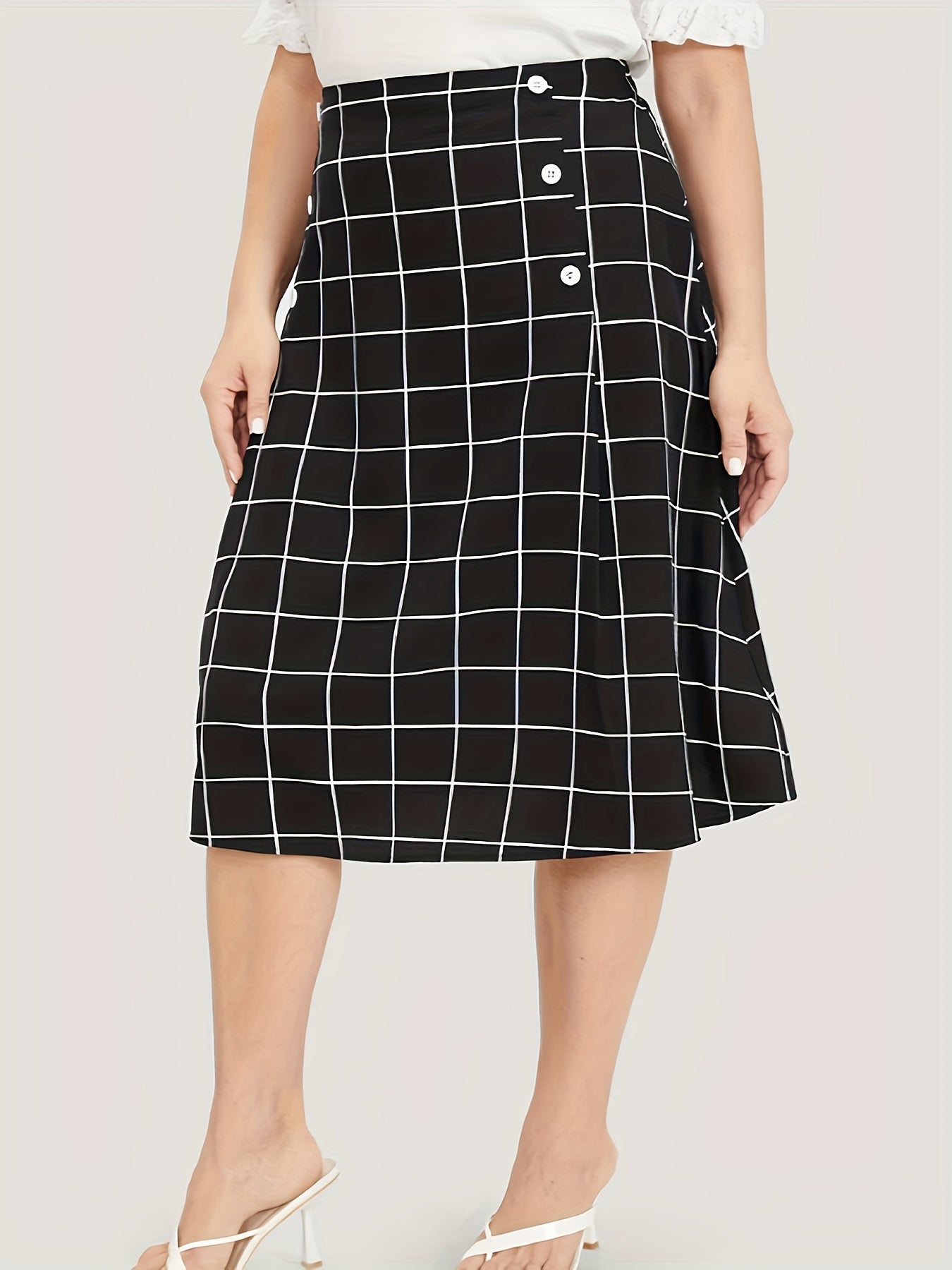 Gird Print Button High Rise Knee Length Skirt