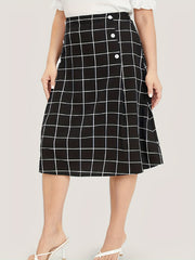 Gird Print Button High Rise Knee Length Skirt