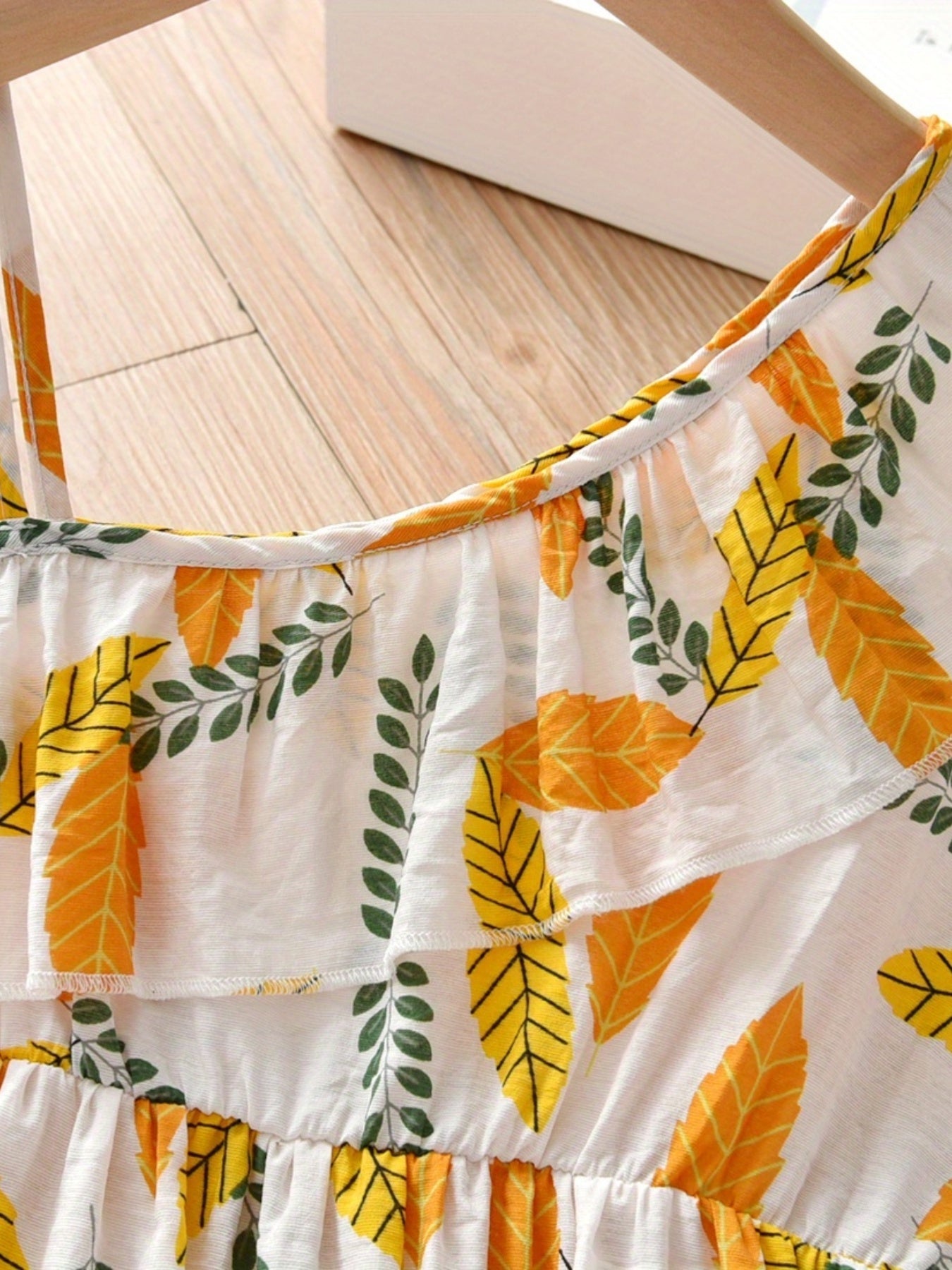 Girls Leaves Graphic Ruffled Cami Dress Sundress For Party Beach