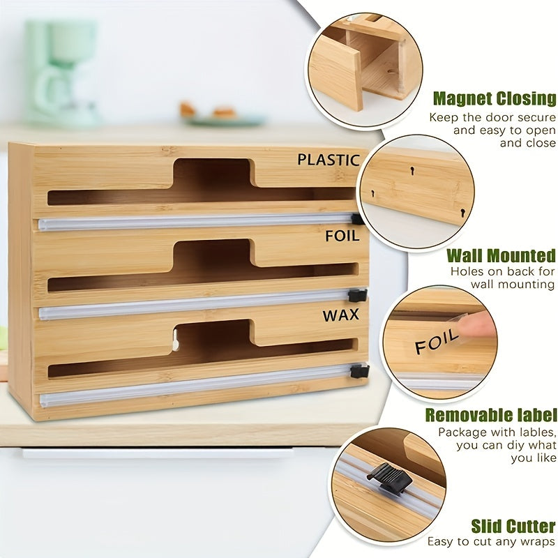 3-in-1 Bamboo Plastic Wrap Dispenser with Cutter, Foil & Plastic Wrap Organizer
