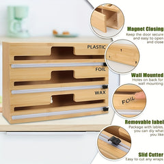 3-in-1 Bamboo Plastic Wrap Dispenser with Cutter, Foil & Plastic Wrap Organizer