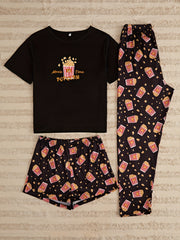 Popcorn Print Pajamas Set Short Sleeve Crew Neck Top & Shorts & Pants