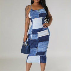 Denim Print Criss Cross Backless Cami Dress