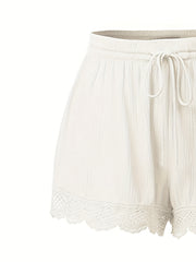 Casual Shorts Women's Plus Solid Elastic Drawstring Contrast Lace Trim