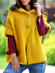 Solid Short Sleeve Hooded Sweater with Buttons
