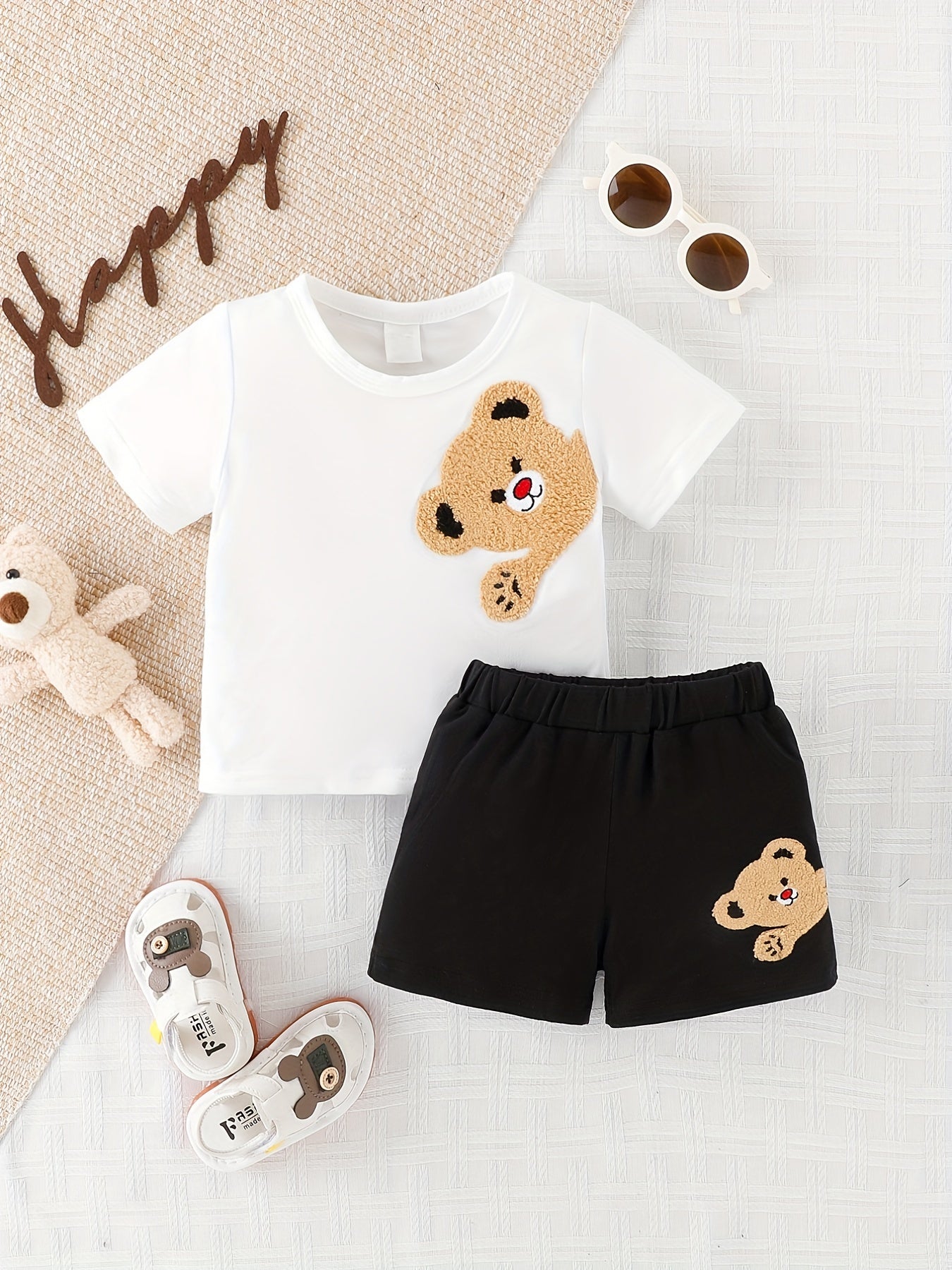 2pcs Bear Embroidery T-shirt & Shorts Set for Babies