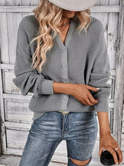 Button Front Knit Cardigan Waffle V Neck Sweater