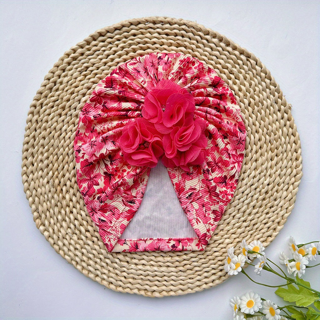 Baby Floral Pattern Beanie with Pearl Decoration