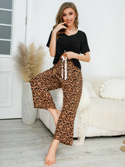 Leopard Print Pajama Set Short Sleeve V Neck Top & Loose Pants