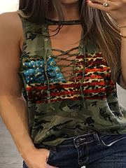 Colorblock Camo Print Cut Out Grommet Lace Up Tank Top