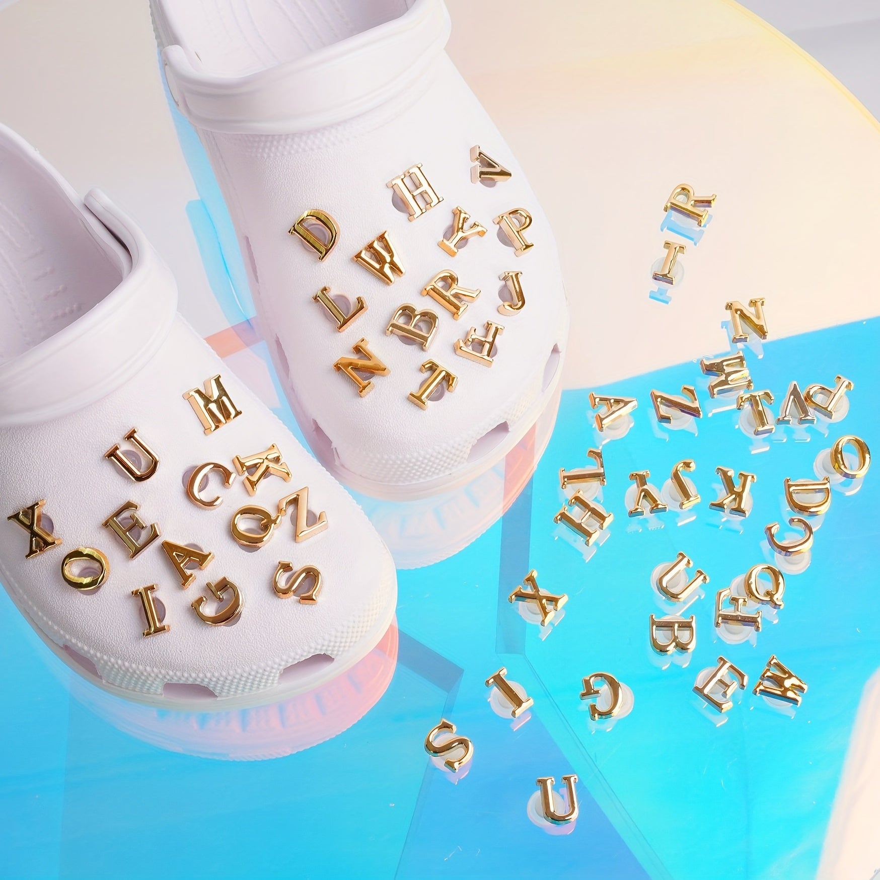 26pcs Golden Letters Shoe Charms for Clog Sandals, Women Girl Party Favors