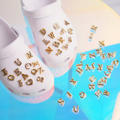 26pcs Golden Letters Shoe Charms for Clog Sandals, Women Girl Party Favors